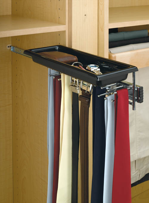 Tie Organizer with Belt Hooks and Accessory Tray for Closet